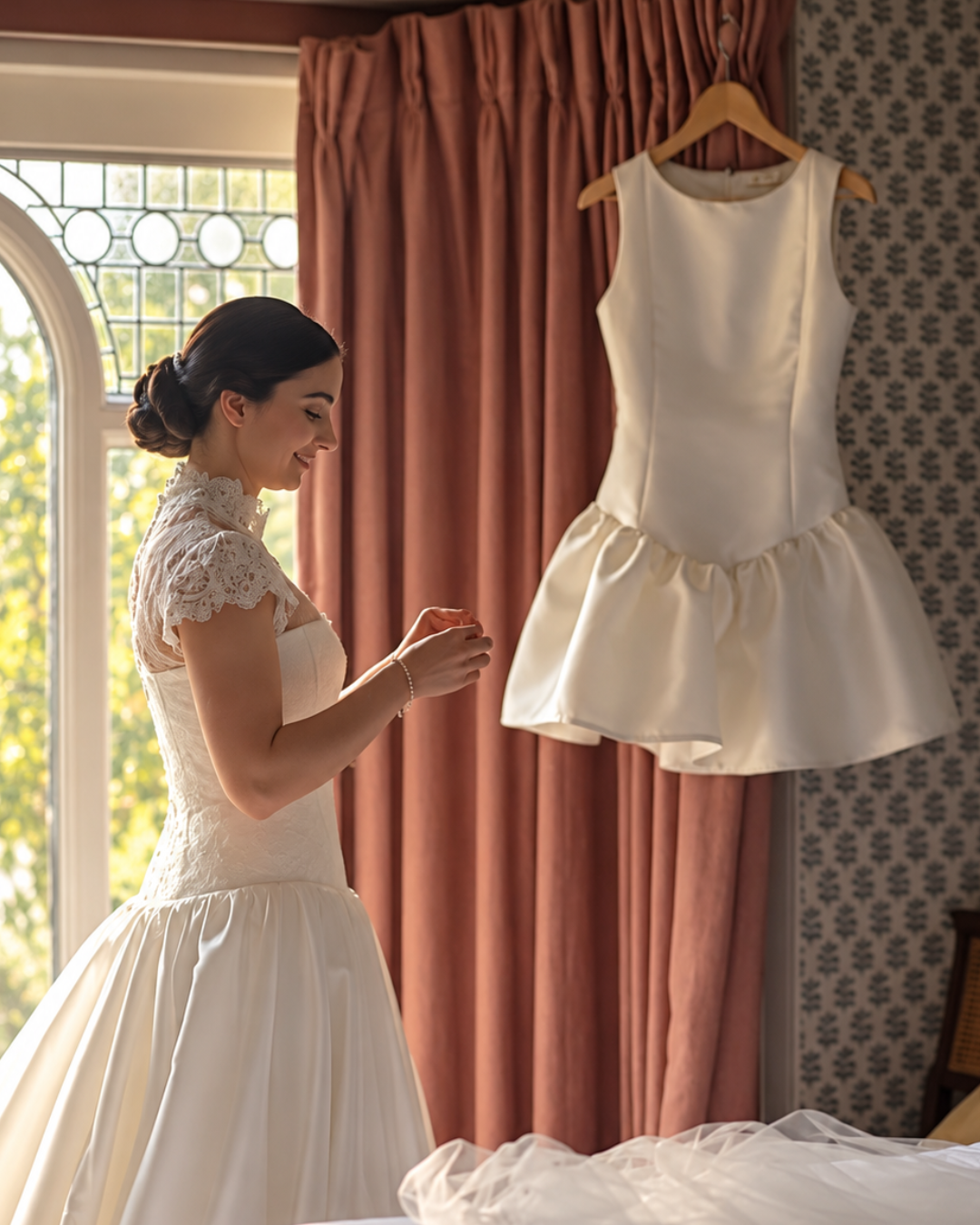 Professional wedding wardrobe specialist assisting a bride with an outfit change during a destination wedding.