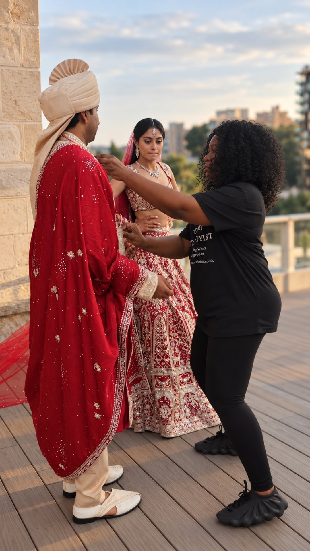 Bridal Stylist making final checks on wedding couple