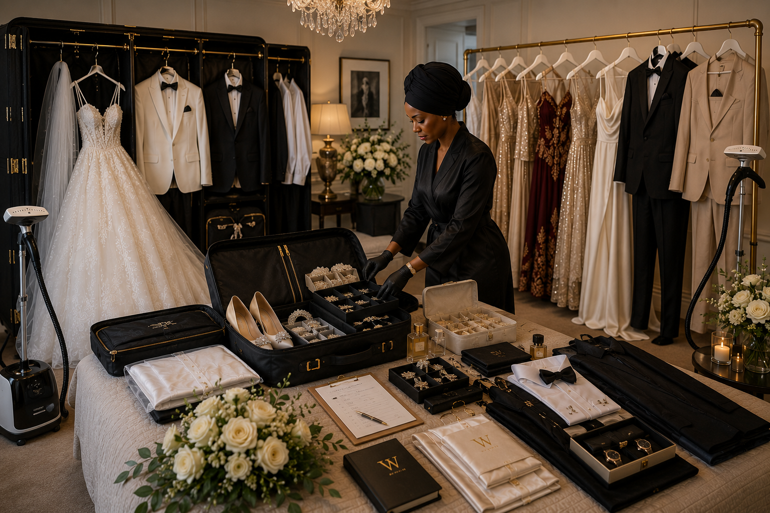 SilverSilver managing dresses, suits, and accessories on display.