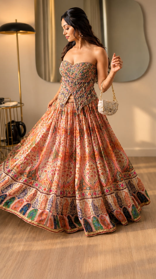 Woman wearing an embroidered full-skirted formal outfit.