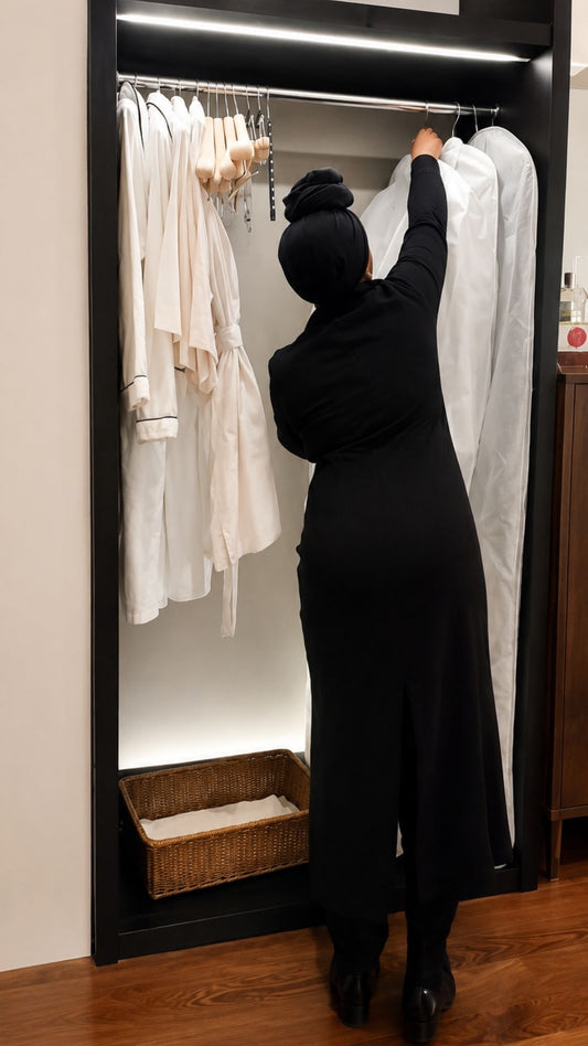 Silver organising hanging wedding garments.