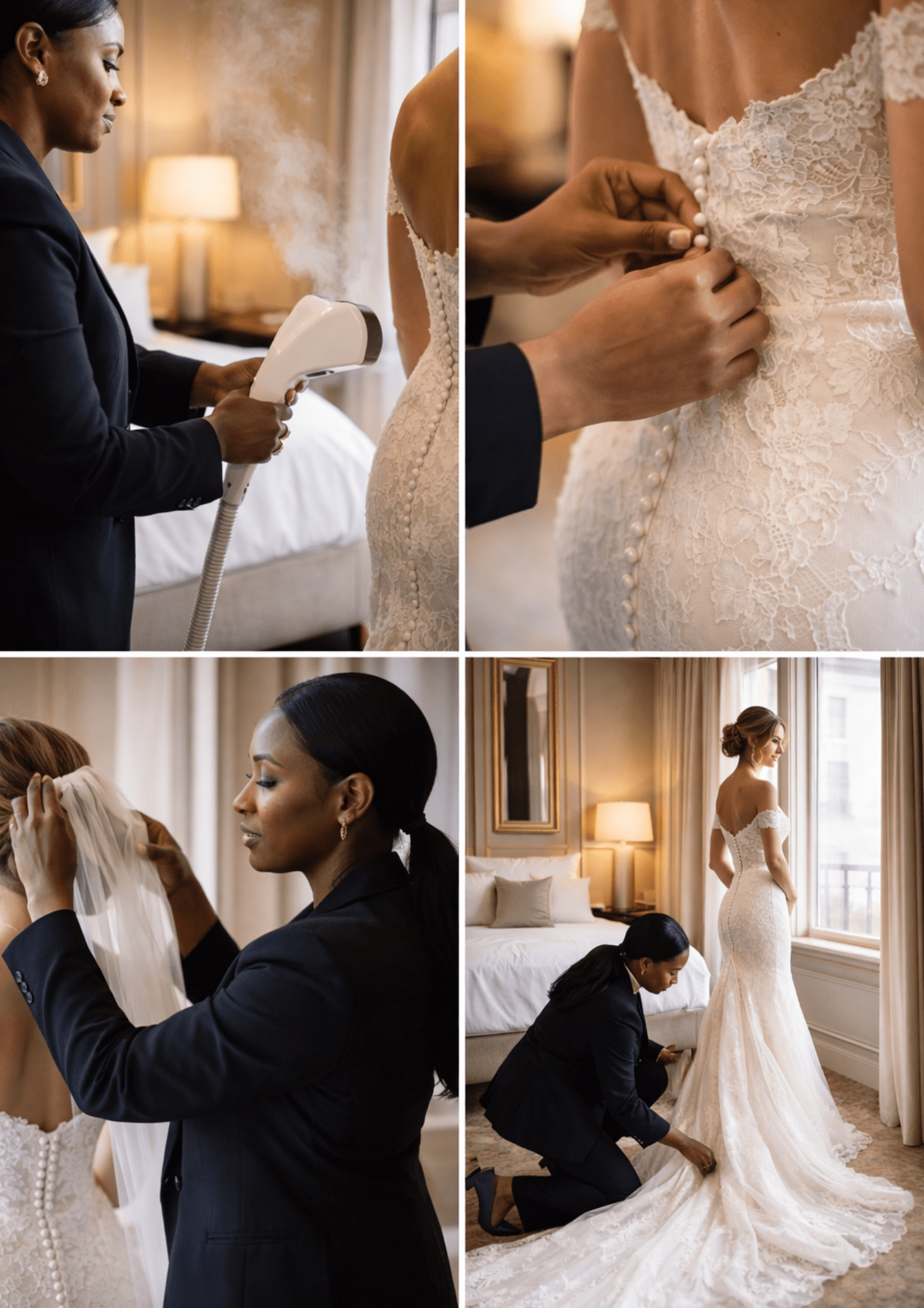 Collage of a bride getting ready with a seamstress, adjusting her wedding dress.